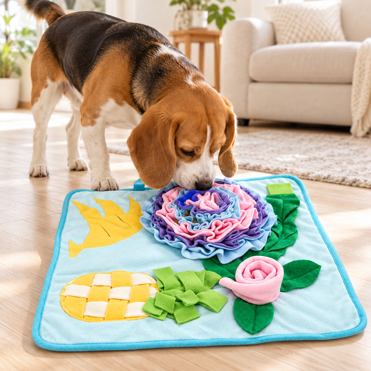 Beagle sucht Leckerlis im Schnüffelteppich