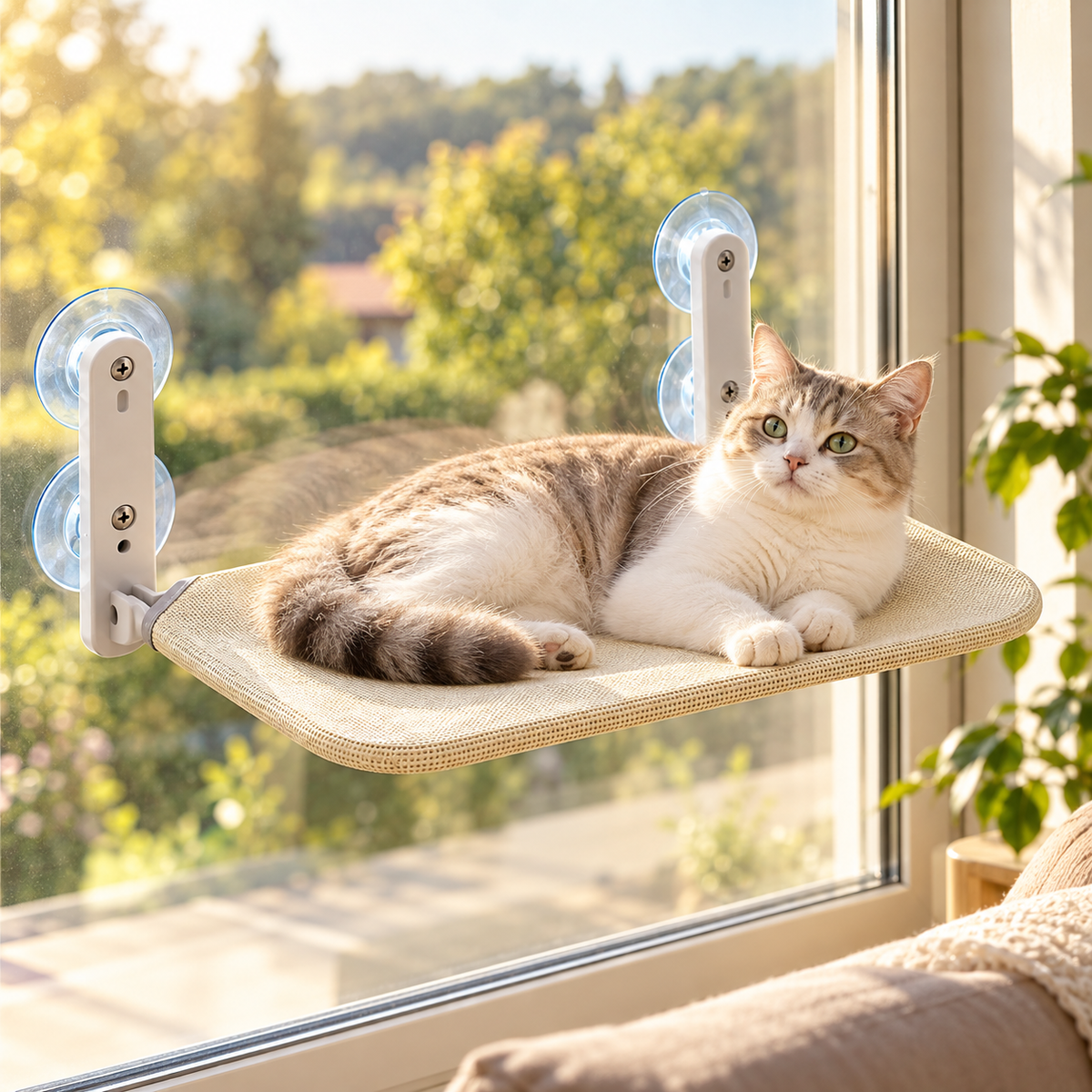 Katze liegt entspannt in der Fensterhängematte