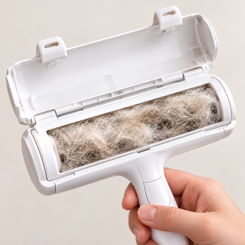 Geöffneter Haarbehälter voller Tierhaare