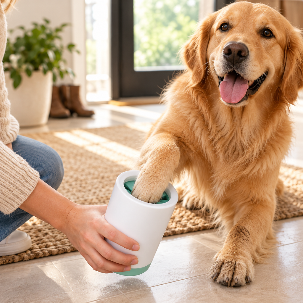 Golden Retriever beim Pfotenwaschen mit dem Becher