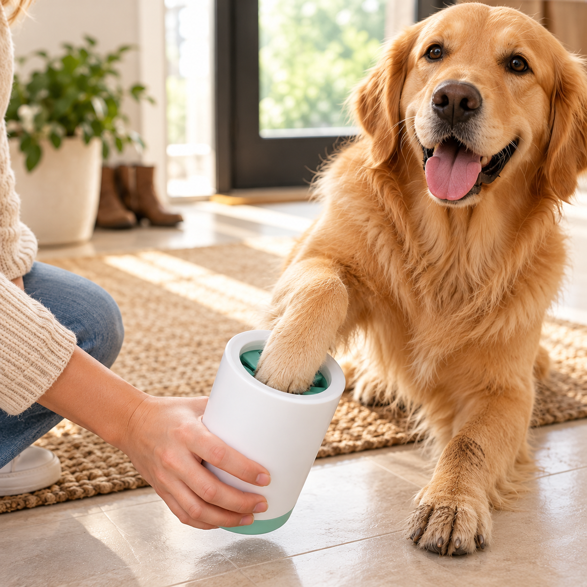 Golden Retriever beim Pfotenwaschen mit dem Becher