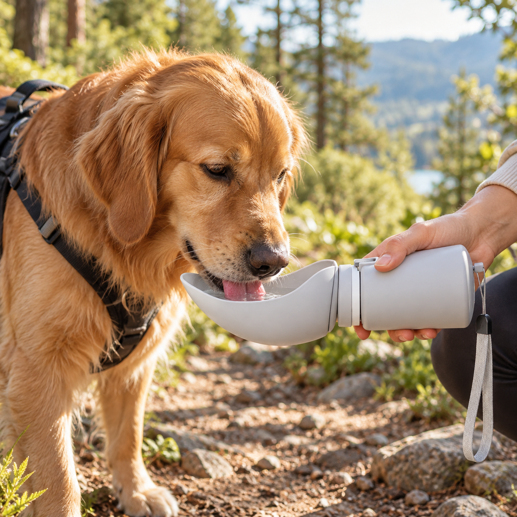 Hund trinkt unterwegs aus der Trinkflasche mit Napf