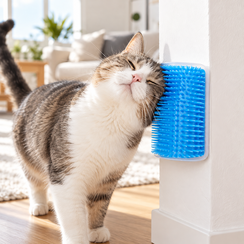 Katze reibt sich an der Eckbürste