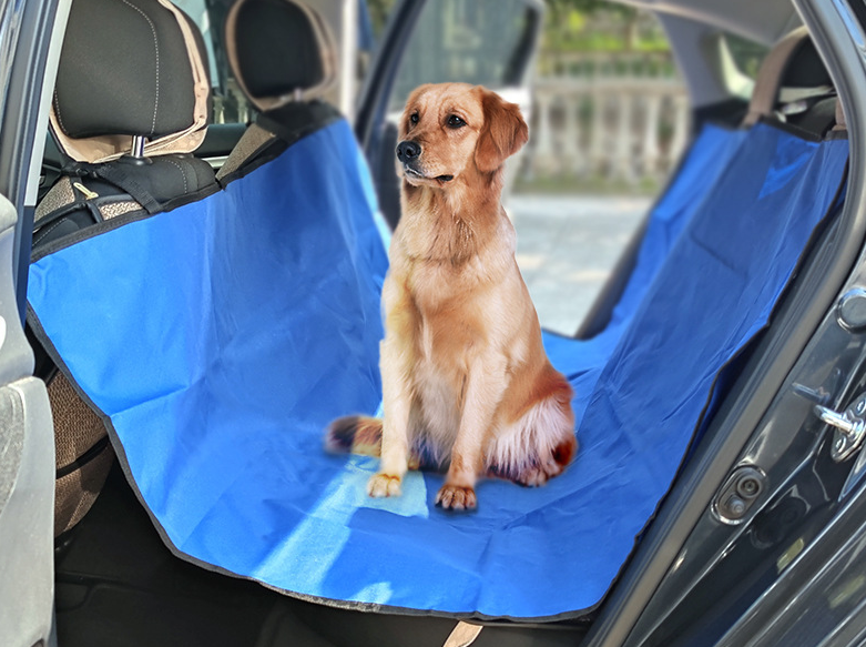 Hund auf dem blauen Autositzbezug